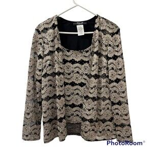 R&M Collection Gold Black Top Shimmer Sequined Attached Cardigan Sheer Top Sz 14